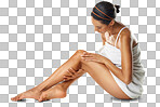  legs and body of woman on floor with skincare, spa beauty and self care marketing mockup. Dermatology, aesthetic and luxury skin care model with hair removal results on advertising mock up isolated on a png background