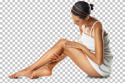 Buy stock photo Natural beauty, woman and touch legs for dermatology, laser hair removal and isolated on a transparent png background. Skincare, female and cosmetics for smooth epilation, glow and aesthetic wellness