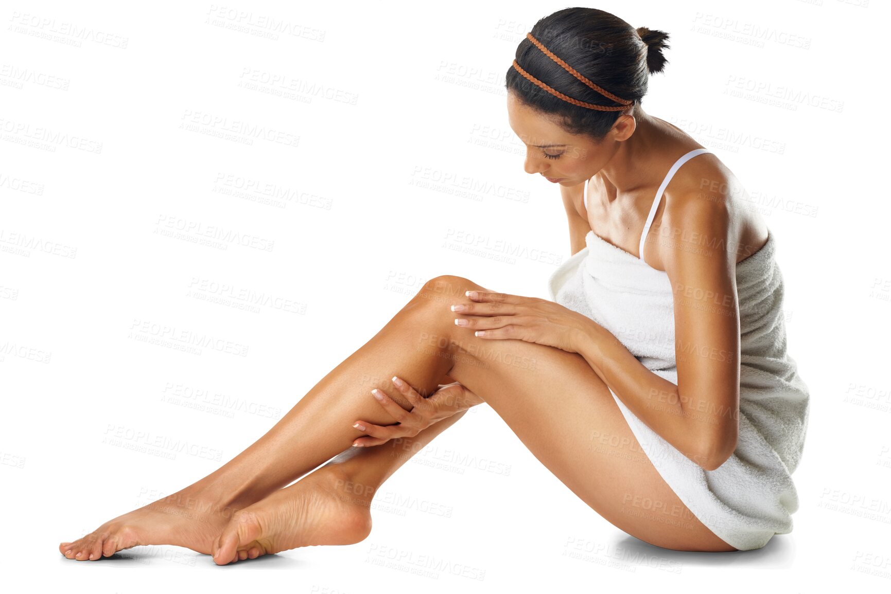 Buy stock photo Natural beauty, woman and touch legs for dermatology, laser hair removal and isolated on a transparent png background. Skincare, female and cosmetics for smooth epilation, glow and aesthetic wellness