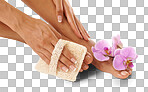 Spa, scrub and woman with cosmetics, feet and natural beauty for lady. Lady, flower and foot with skincare, cleaning and dermatology for luxury pedicure treatment isolated on a png background