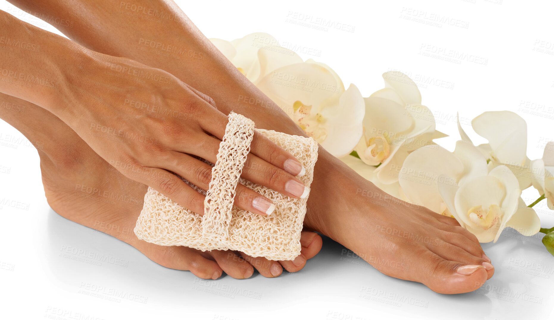 Buy stock photo Woman, beauty and foot brush to exfoliate for natural skincare isolated on transparent png background. Closeup, pedicure and orchid flowers to scrub clean feet, smooth cosmetics or aesthetic results