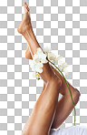 Skincare, wellness and legs of a woman with an orchid for self care, cosmetics and beauty. Spa, dermatology and model with flowers on body for natural care of skin and health isolated on a png background