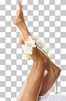 Legs, foot and flower with woman in beauty mockup, natural cosmetics, skin with skincare. Pedicure, epilation and waxing for body hair removal, glow and dermatology isolated on a png background