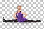 A girl, smile and dance split for exercise stretching, dancer happiness and practice in white background. Child, dancing and legs stretch for ballet or workout motivation isolated on a png background