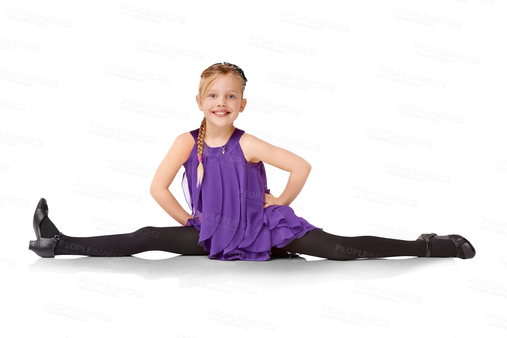 Buy stock photo Dance, split and portrait of child on png background for flexibility, stretching and ballet. Happy, contemporary and creative with young girl isolated on transparent for practice, energy and fitness