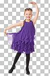 Ballroom dance, smile and portrait of little girl dancing, kindergarten child in pretty dress on white background. Art, small folk dancer and happiness, student training in dance studio with curtsy isolated on a png background