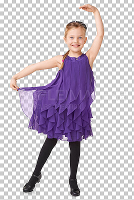 Buy stock photo Youth dance, ballet and portrait of little girl dancer, kindergarten child in kids dress. Art, ballerina dancing and happiness with student with a smile isolated on a transparent, png background