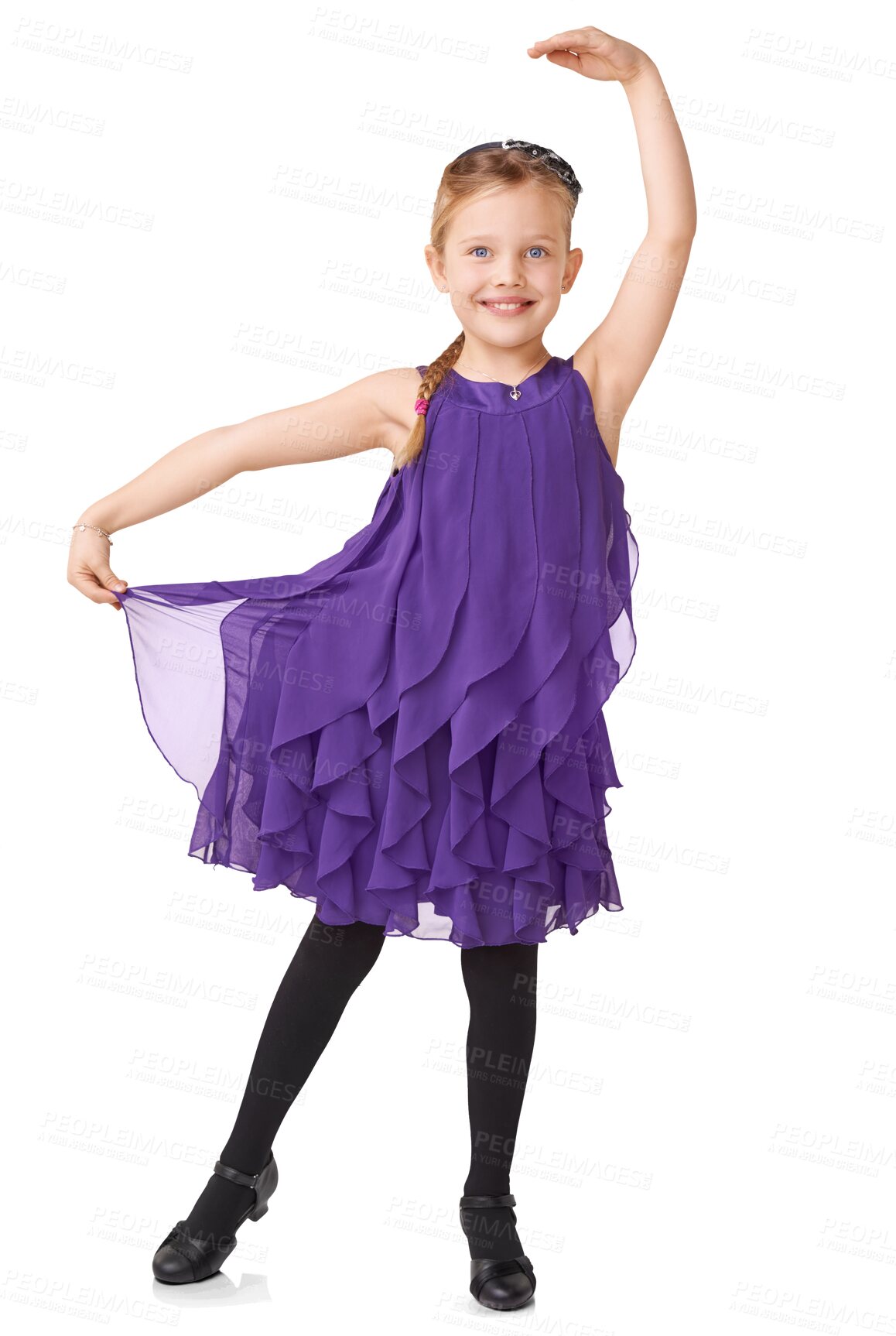 Buy stock photo Youth dance, ballet and portrait of little girl dancer, kindergarten child in kids dress. Art, ballerina dancing and happiness with student with a smile isolated on a transparent, png background