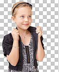 Fashion, stylish and girl in trendy clothes for a photo shoot. Fashionable, style and child model in edgy modern clothing with a smile on a isolated on a png background