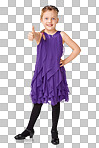 Portrait, girl and thumbs up for agreement, smile and kid. Female child, young person and gesture for success, happiness and winner with dress, goal and motivation isolated on a png background