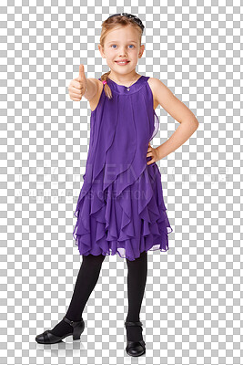 Buy stock photo Portrait, girl and thumbs up for agreement, smile and thank you hand sign. Female child, young person and yes emoji gesture for happiness and achievement isolated on a transparent, png background