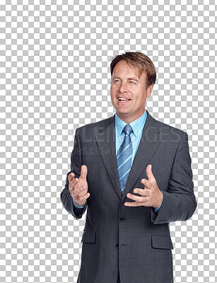 Buy stock photo Senior executive, business man and presentation or seminar speaker isolated on transparent, png background. Professional male, success in career and CEO of company talking at corporate convention 