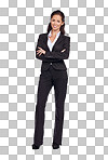 Fashion, portrait and business woman in studio with fancy, luxury and stylish classy outfit. Happy, smile and full body of female model with elegant and corporate clothes isolated by isolated on a png background