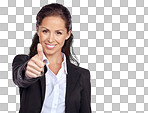 Woman, corporate and studio portrait with thumbs up, smile and success by isolated on a png background executive, business leader and hand sign for goals, innovation and agreement with company vision