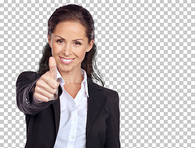 Buy stock photo Success, thumbs up and woman portrait isolated on a transparent, png background with thanks, support and vote. Happy business person or winner yes, ok and agreement hands sign or like and subscribe