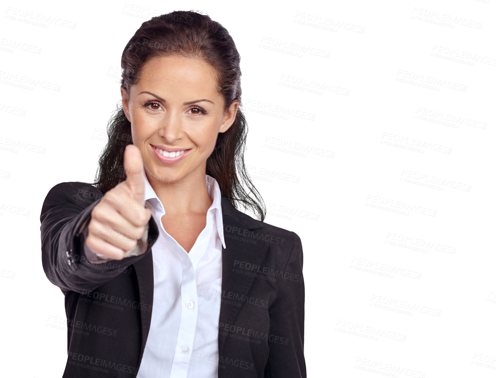 Buy stock photo Success, thumbs up and woman portrait isolated on a transparent, png background with thanks, support and vote. Happy business person or winner yes, ok and agreement hands sign or like and subscribe