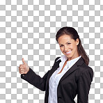 A Business woman, success in portrait with thumbs up and achievement in career, winner. Yes, corporate employee goals and mindset with winning and happy woman agreement isolated on a png background