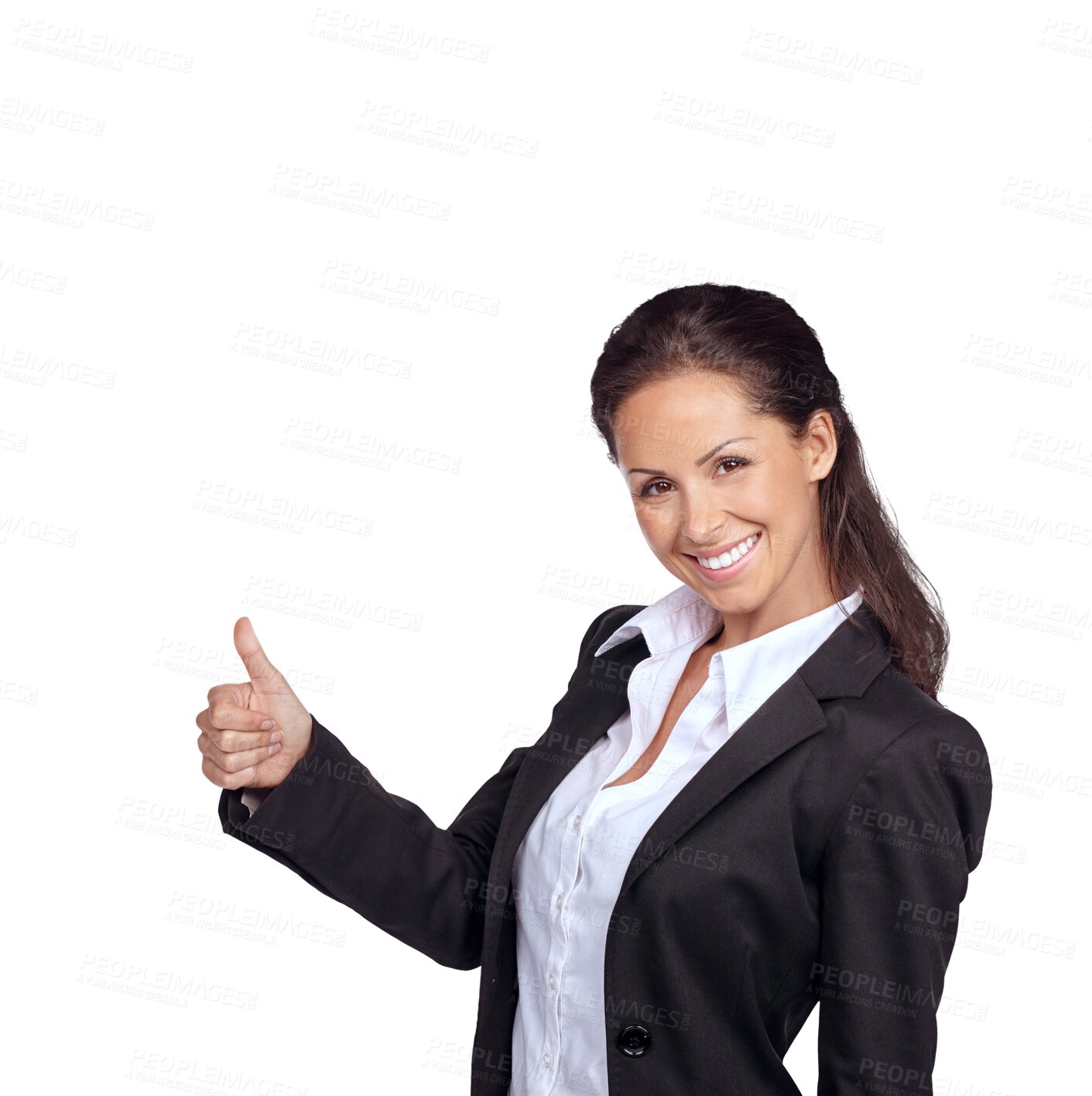 Buy stock photo Business woman, success and portrait with thumbs up and achievement in career. Yes, corporate employee and gesture for winning, agreement and thank you isolated on a transparent png background