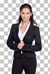 Fashion, business and portrait of a woman in studio with a fancy, luxury and stylish outfit. Happy, smile and female model with professional, corporate and classy clothes isolated on a png background