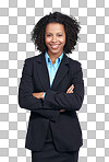 A Black woman, corporate and studio portrait with arms crossed, smile and vision. Isolated manager, woman and happy in company, success and motivation for dream, goals and mission isolated on a png background