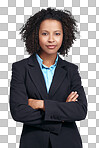 A Black woman, business studio portrait and arms crossed, vision and suit. Corporate leader woman, focus and proud with smile, strategy or mission for motivation, success and goals isolated on a png background