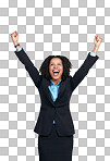 Success, celebrate and black woman with a business win. Motivation, happy and smile of an African employee excited about goals, achievement and bonus isolated on a png background