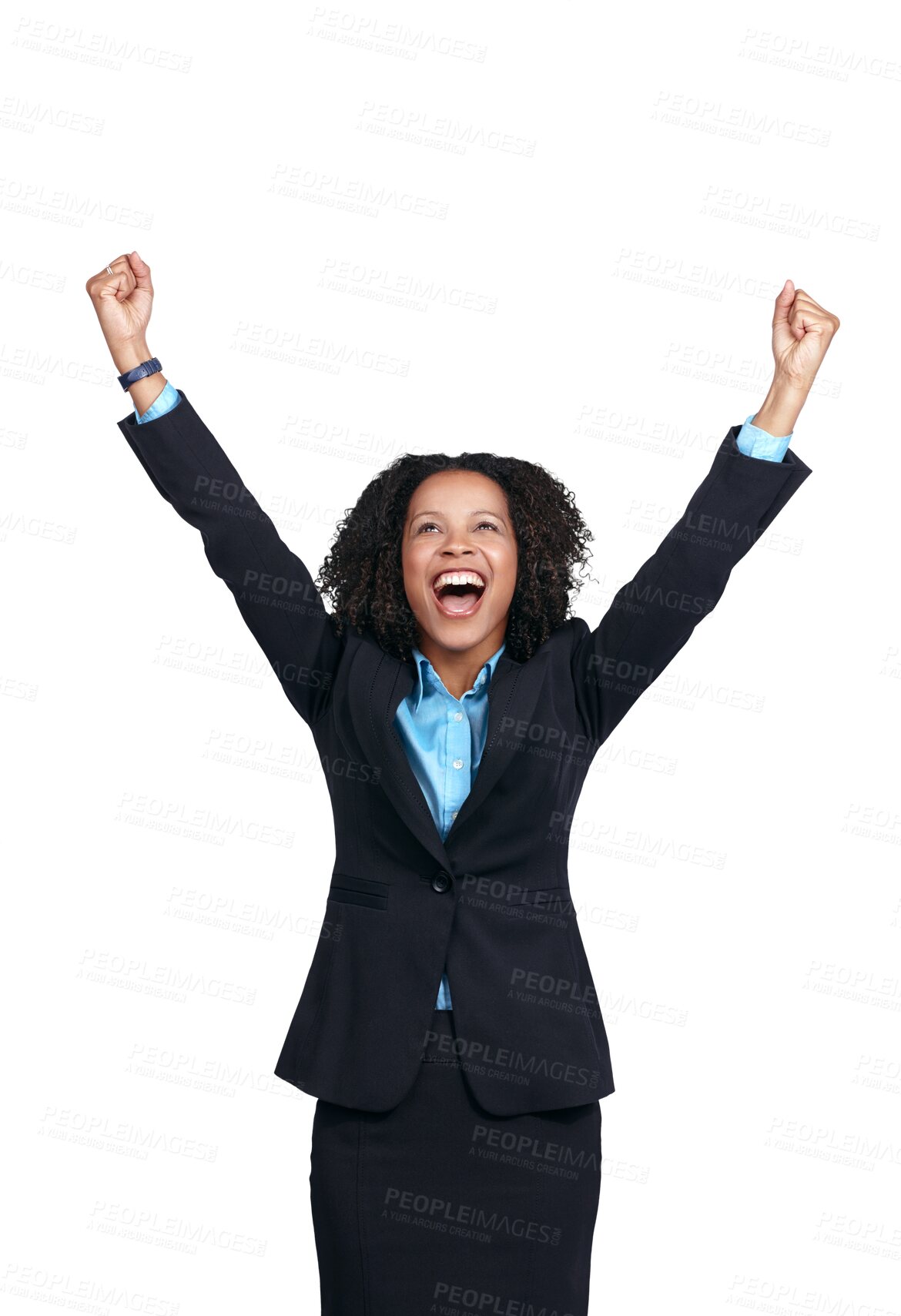 Buy stock photo Success, winning and happy woman isolated on transparent png background in cheers, celebration and fist pump. Yes, power and bonus of biracial winner or business person in celebrate, wow and freedom