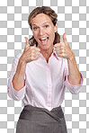 A Business woman and success portrait with thumbs up for career victory with excited smile for achievement. Happy, winner and corporate worker with yes and approval gesture on isolated on a png background