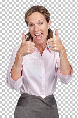 Buy stock photo Business woman is in portrait with thumbs up, excited about deal or contract isolated on transparent, png background. Agreement, professional opinion and emoji with happy female, thank you and vote