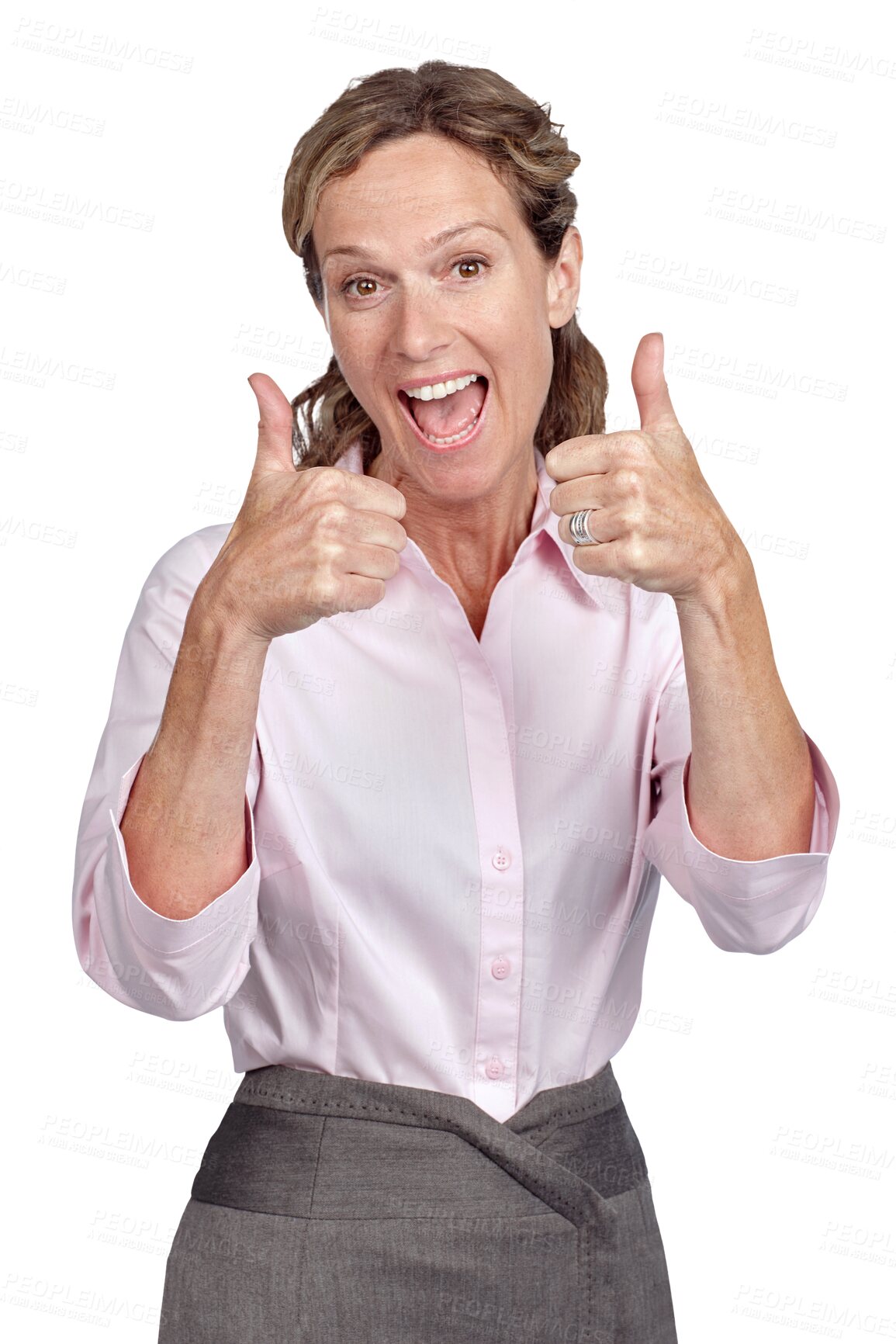 Buy stock photo Business woman is in portrait with thumbs up, excited about deal or contract isolated on transparent, png background. Agreement, professional opinion and emoji with happy female, thank you and vote