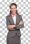 Portrait, smile and a business woman standing arms crossed. Trust, confidence and ambition with a happy female employee posing on blank space in a suit isolated on a png background