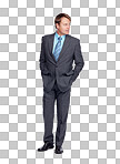 Style, business and mature man in a studio with a luxury, classy and stylish suit outfit. Fashion, corporate and male model from Australia with fancy and elegant clothes isolated on a png background