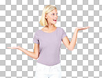 Decision, studio or confused woman with mockup for marketing, branding or advertising space. Choice, product placement or beautiful girls hands choosing sales offer in commercial isolated on a png background