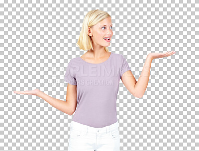 Buy stock photo Announcement, choice and woman pointing in studio on isolated transparent png background. Wow, hands and excited female with offer, good news or message, discount and hand gesture or promotion