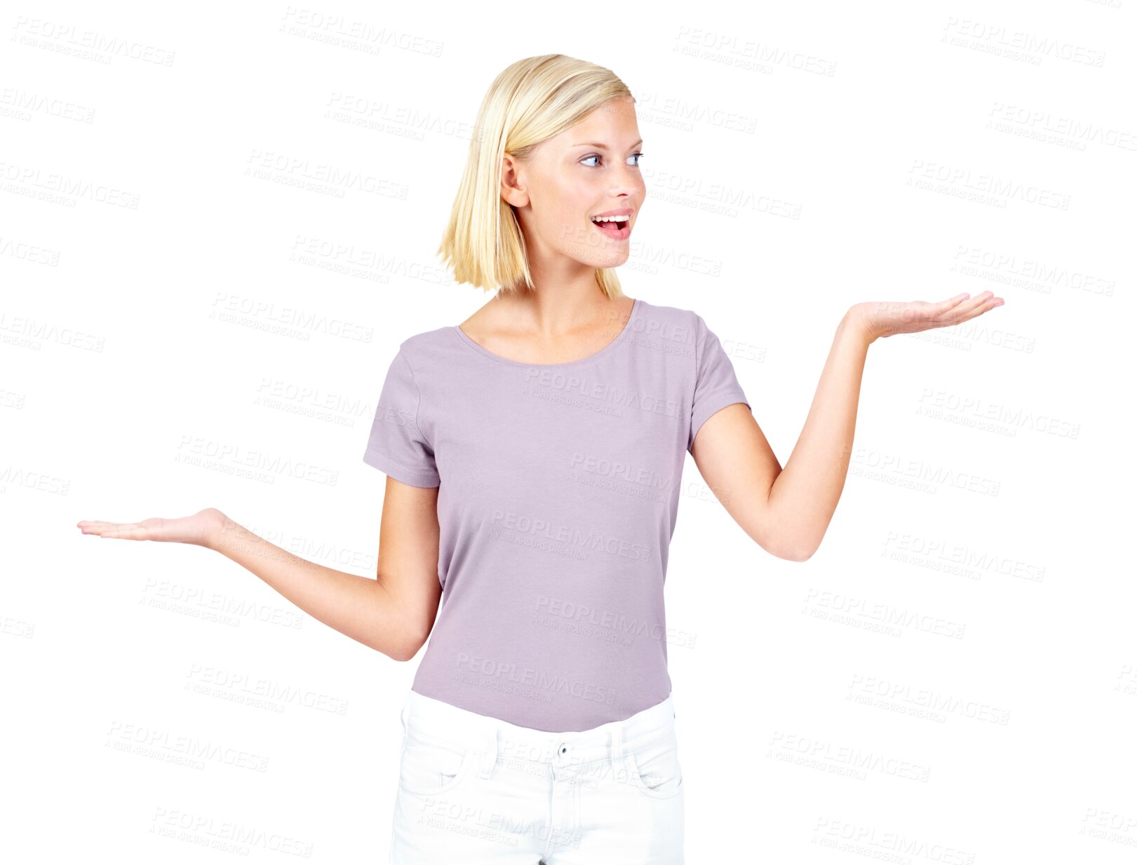 Buy stock photo Announcement, choice and woman pointing in studio on isolated transparent png background. Wow, hands and excited female with offer, good news or message, discount and hand gesture or promotion