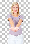 Portrait, product and open hands with a model woman for marketing. Hands, advertising and brand with a female posing on blank branding space for a logo isolated on a png background