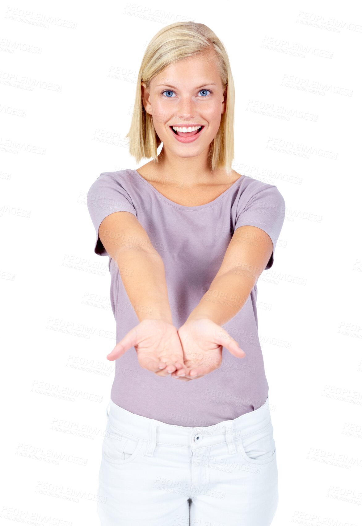 Buy stock photo Open hands, portrait and woman in studio smile on isolated, transparent and png background. Hand, offer and gesture by female with happy face, offer and excited for charity, donation or showing help