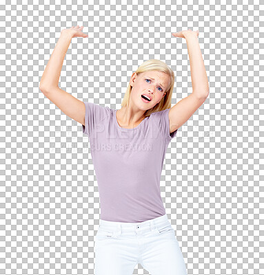 Buy stock photo Portrait, hands and heavy sign in studio with anxiety on isolated transparent png background. Face, girl and stress or crush gesture for load, fear and worry, overwhelmed and distress or weight
