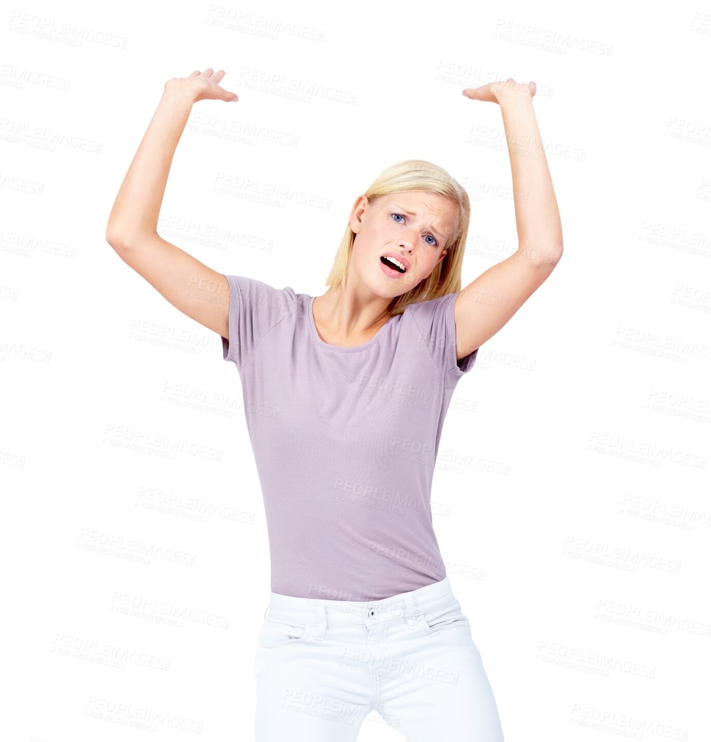 Buy stock photo Portrait, hands and heavy sign in studio with anxiety on isolated transparent png background. Face, girl and stress or crush gesture for load, fear and worry, overwhelmed and distress or weight