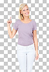 Portrait, point and mockup with a woman pointing to blank product placement space. Gesture, marketing and advertising with female posing for brand promotion isolated on a png background