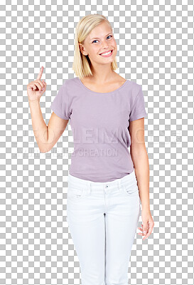 Buy stock photo Pointing, idea and portrait of woman on png background for promotion, offer and announcement. News, product placement and deal with female isolated on transparent for hand gesture and notification