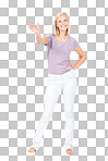 Portrait of woman and hand holding space for product placement, branding or bottle design. Model with empty product for marketing or advertising mockup in hand isolated on a png background