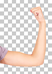 A Woman, arm or flexing muscle for female empowerment, human rights or gender equality. Zoom, model or strong bicep in power, motivation or freedom strength fist on mockup backdrop isolated on a png background