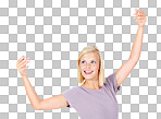 Woman, happy dance  with smile, artistic and beautiful movement. Isolated model, dancer and happiness with excited dancing, beauty and arms in air by isolated on a png background