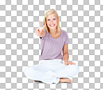 A Happy woman, portrait or peace sign for good luck, positive energy or sitting optimism. Smile, model or cool hand gesture for playful, fun or comic expression on backdrop isolated on a png background