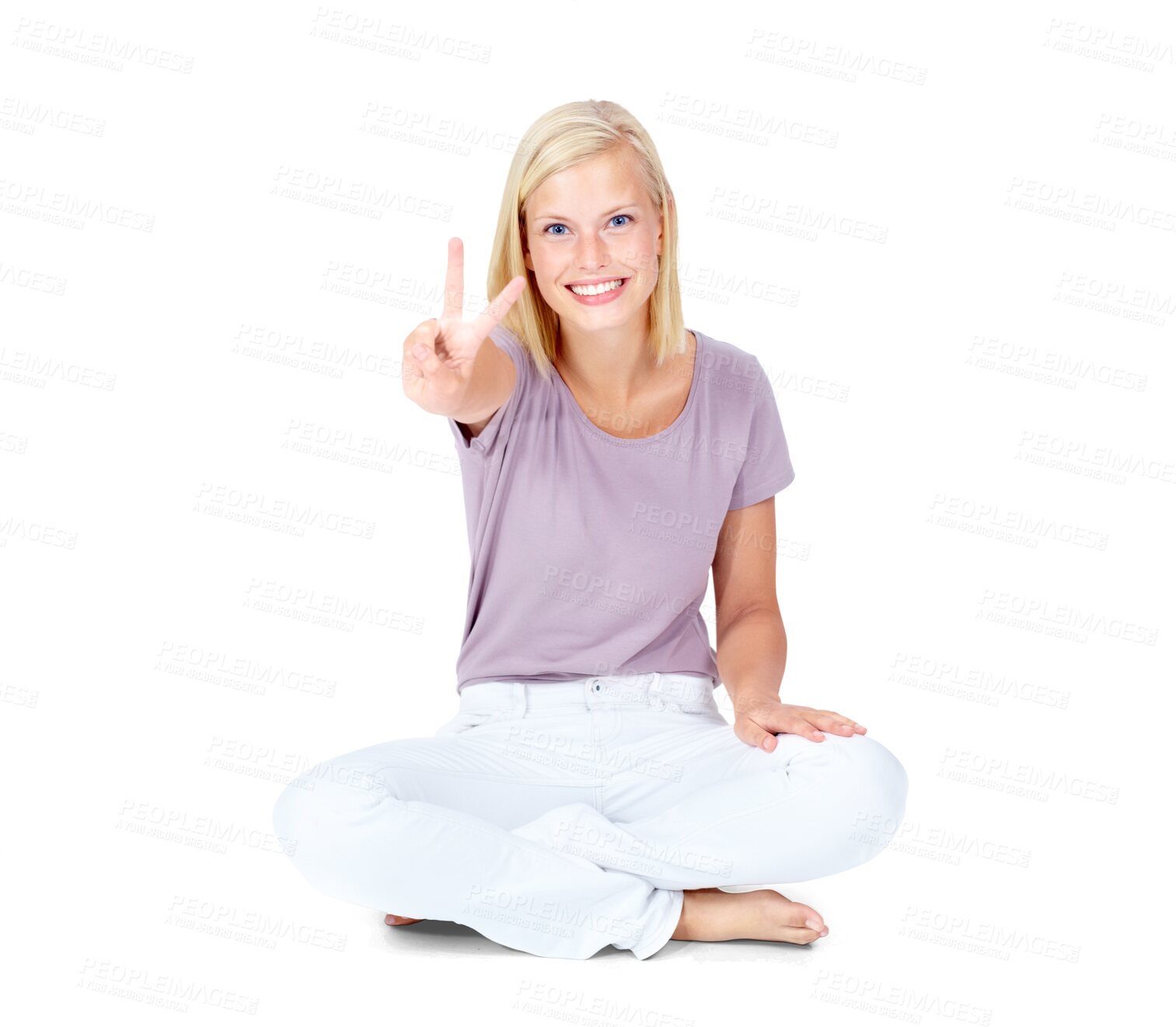 Buy stock photo Hand, peace and portrait of woman on studio floor happy against isolated, transparent and png background. Smile, face and v sign by girl posing for self love, good mood and excited, peaceful or emoji
