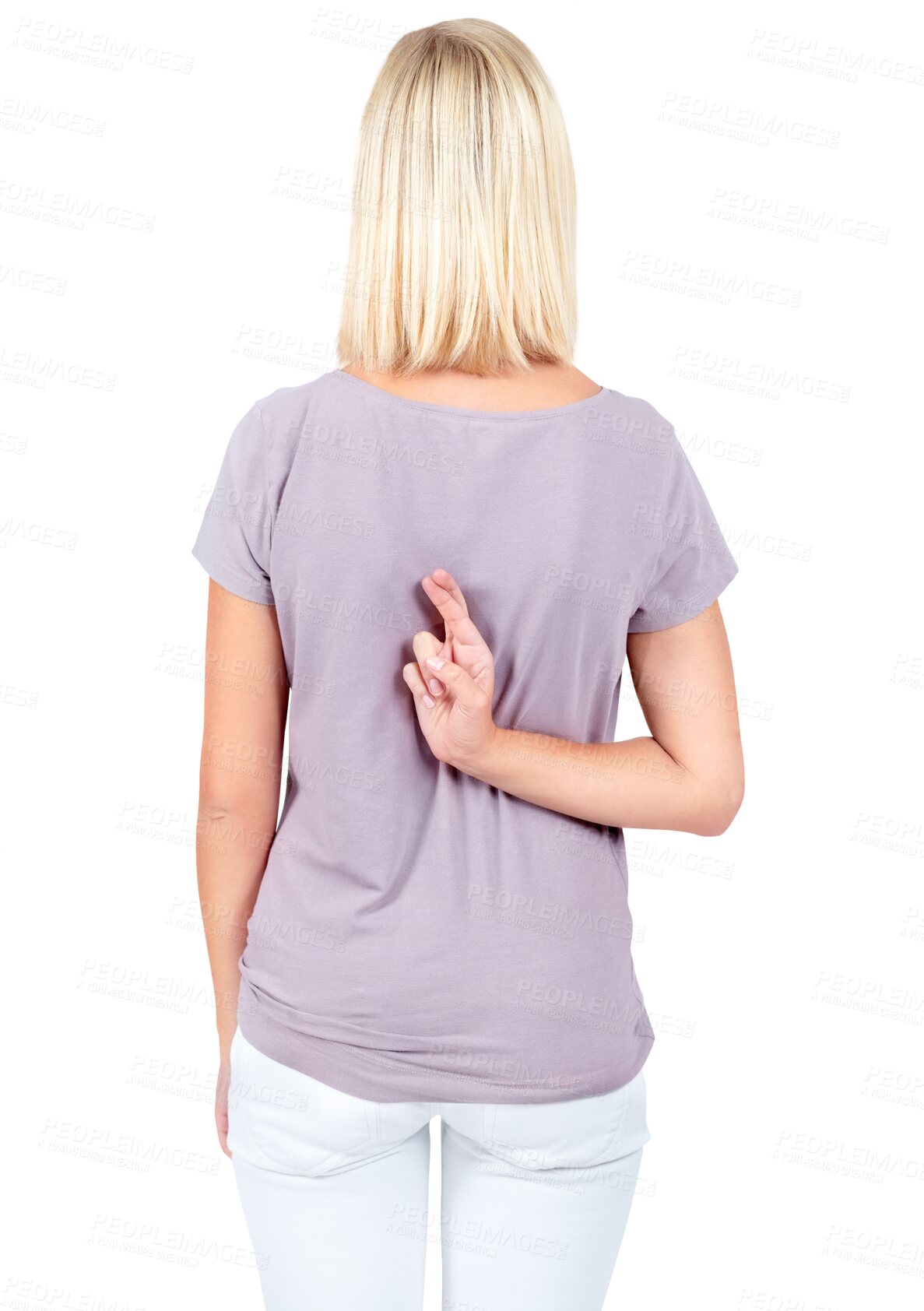 Buy stock photo Luck, fingers crossed and back of woman with hope on png, isolated and transparent background for wishing. Emoji, hand gesture and girl with sign for wishing, praying and lucky for winning prize