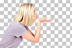 Flirting profile and air kiss of girl contemplating, thinking and thoughtful for advertising. Attractive flirt and affection of isolated model blowing kisses on mock up isolated on a png background
