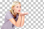 Flirt, thinking and woman with air kiss contemplating, pondering and thoughtful for advertising. Attractive, flirting and affection of isolated model blowing kisses on mock up isolated on a png background