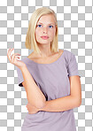 Woman, portrait or attitude pose in assertive, serious or confidence facial expression. Model, body language or casual fashion clothes on white mockup backdrop on marketing space isolated on a png background